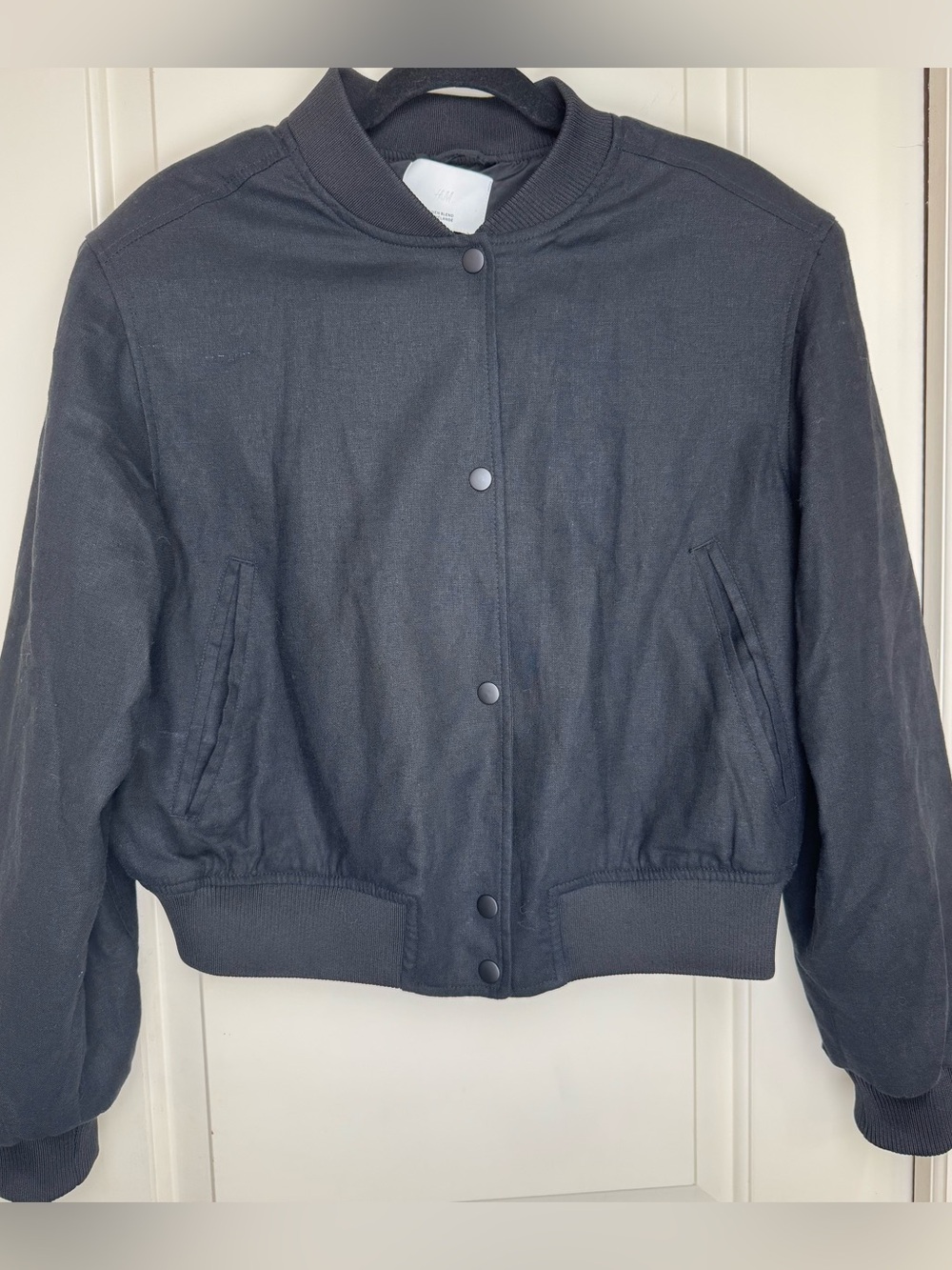 H&M Black Linen Blend Bomber Jacket Shoulder Pads Size L - Picture 2 of 7